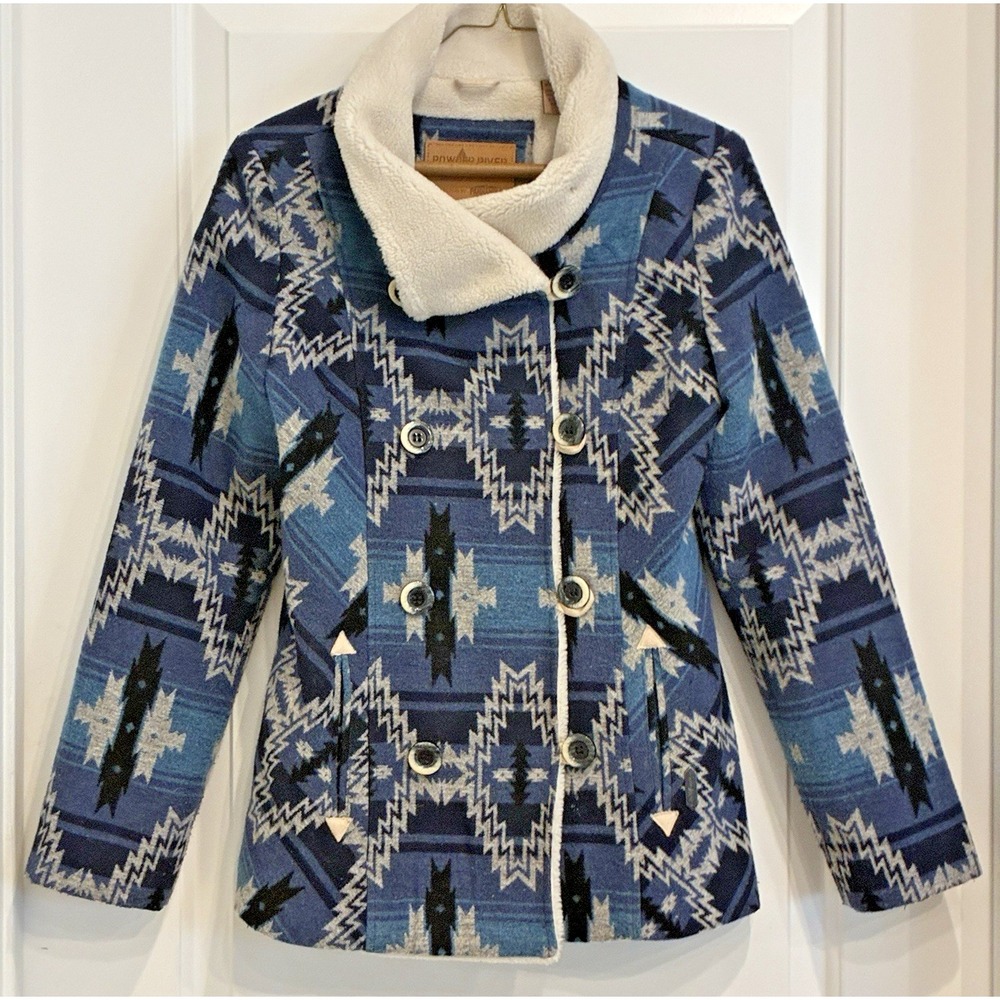 Powder River Outfitters Southwestern Aztec Jacket Size S Blue Sherpa Collar Cozy